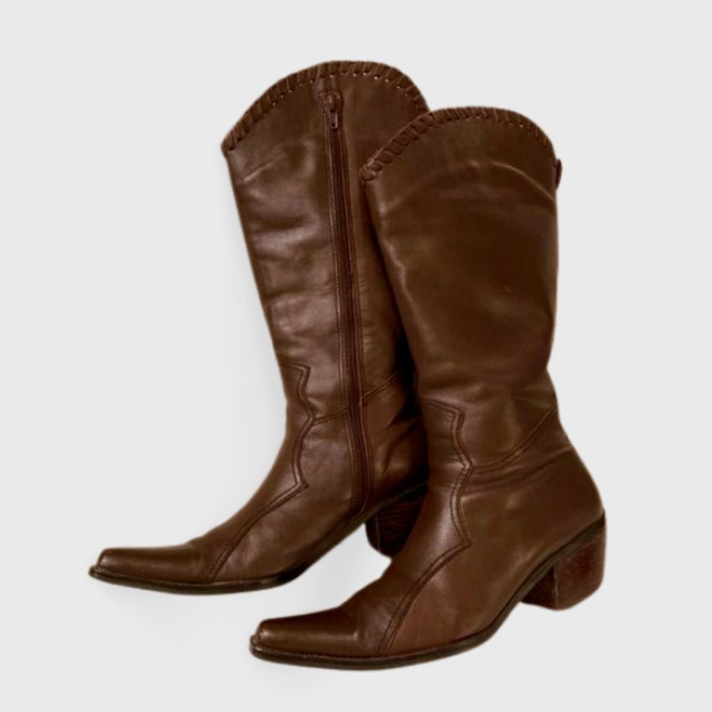 Two Lips Brown Leather Cowboy Boots Zip Closure Size 9